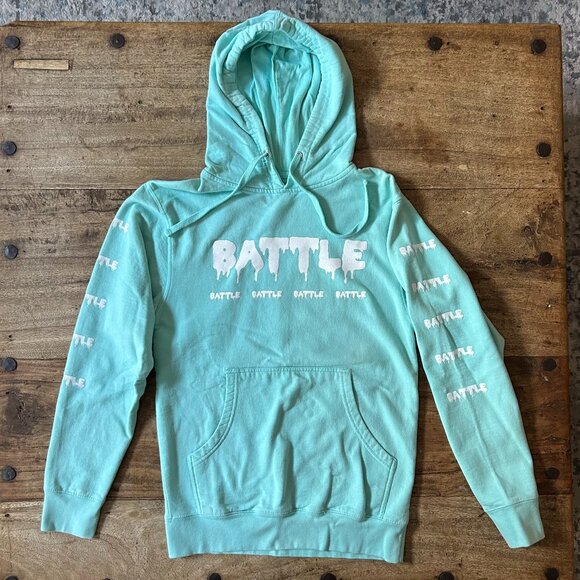 Mens BATTLE SPORTS Football Turquoise Light Blue Sweatshirt Hoodie Drip Sz SMALL - Picture 1 of 6